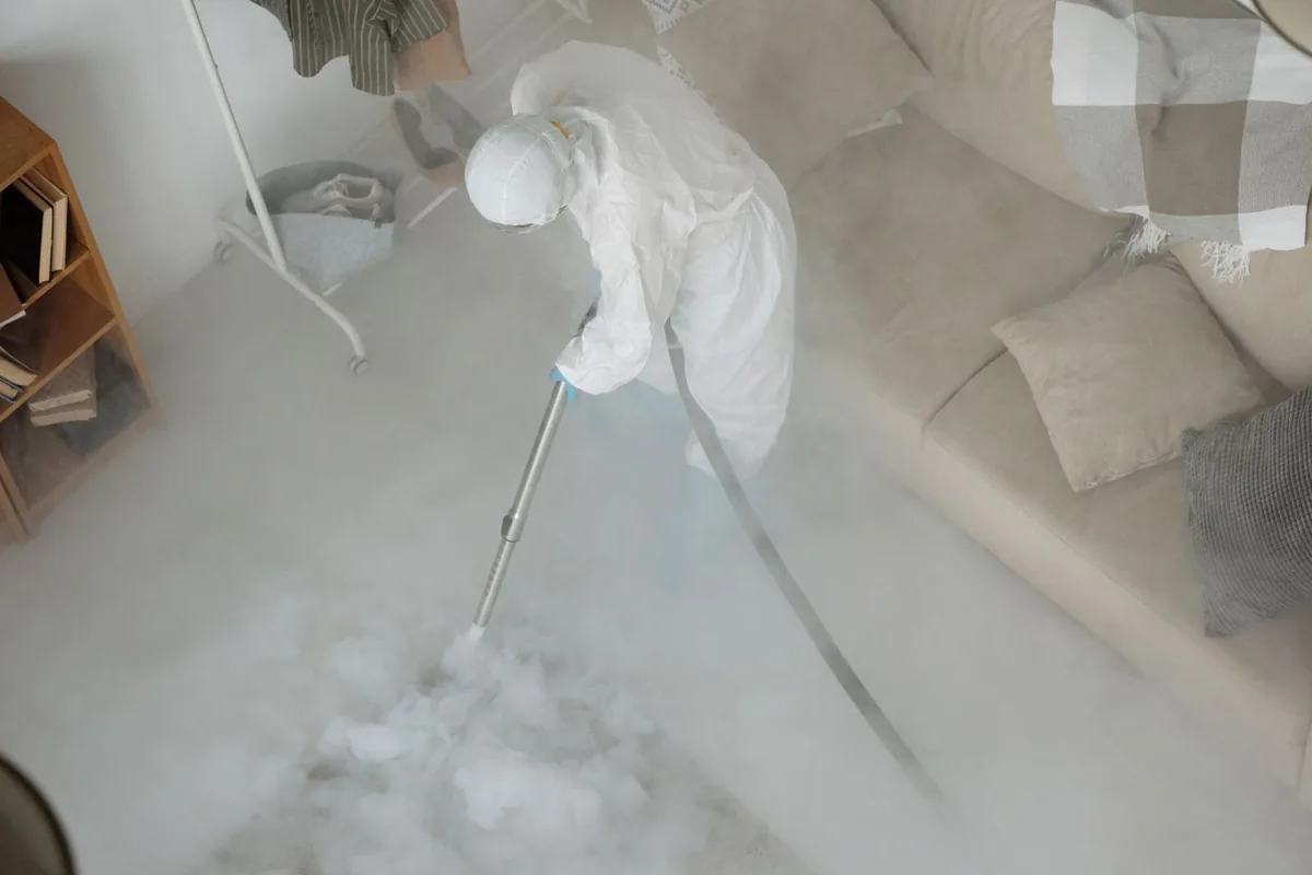 Biohazard cleanup technician in protective equipment, Waggaman, LA